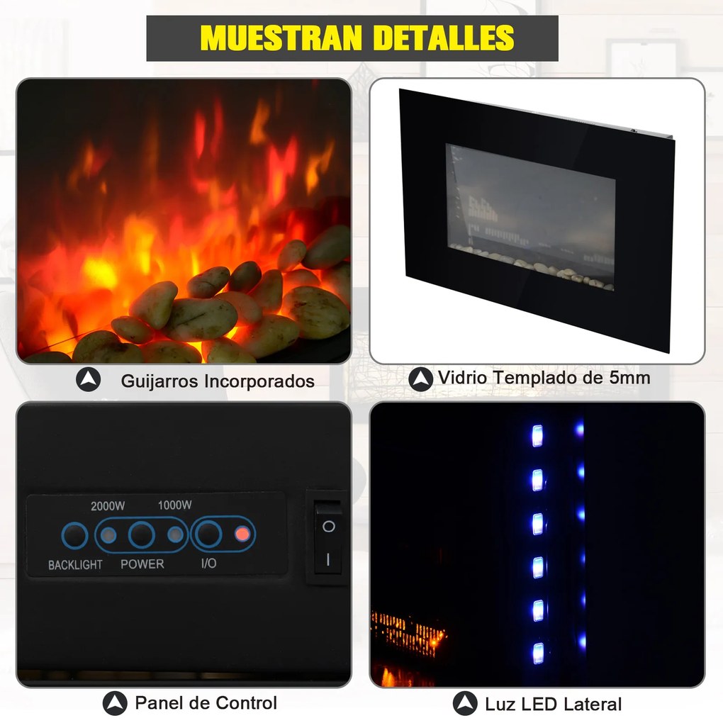 HomCom® Lareira Eléctrica de Parede 1000/2000W Comando a Distância 90x9,5x56 cm