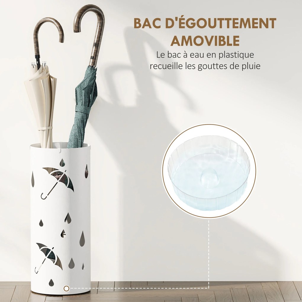 Suporte guarda-chuvas cilíndrico Ø 17 x 41 cm com suporte para guarda-chuvas, tabuleiro de gotejamento amovível e 4 ganchos, , branco