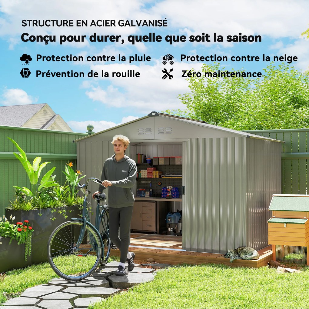 Abrigo de jardim com 5,4 m², dimensões: 2,77 x 1,95 x 1,92 m, com fundações incluídas (PISO NÃO INCLUIDO), porta de correr, aberturas de ventilação e