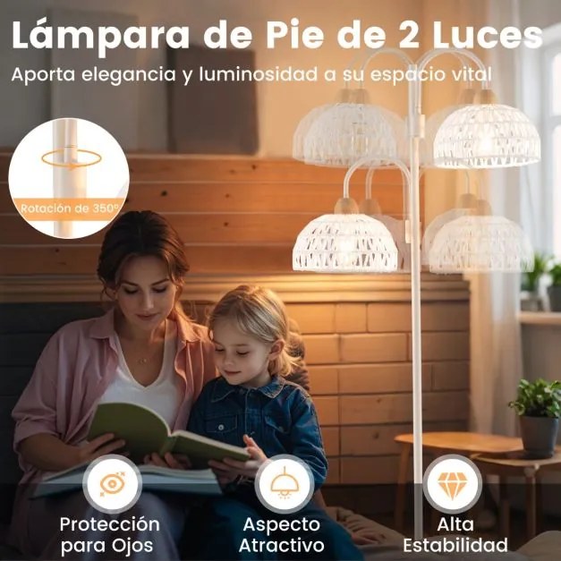 Candeeiro de pé com 2 luzes Candeeiro 350° rotativo com interrutor de pé Abajures tecidos e 2 bases de lâmpadas