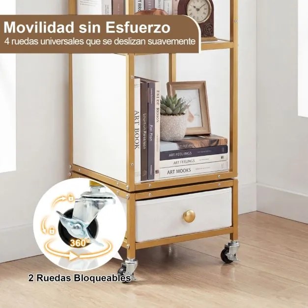 Estante giratória de 4 prateleiras 30 x 30 x 111 cm com rodas de 360°, gaveta estreita removível em tecido e madeira para sala de estar, quarto ou esc