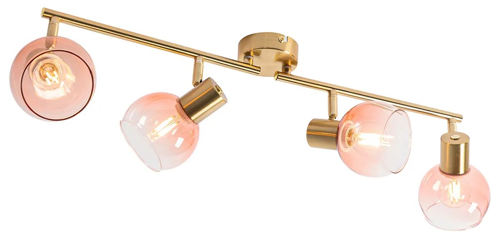 Candeeiro de teto Art Deco dourado com vidro rosa 4 luzes - Vidro