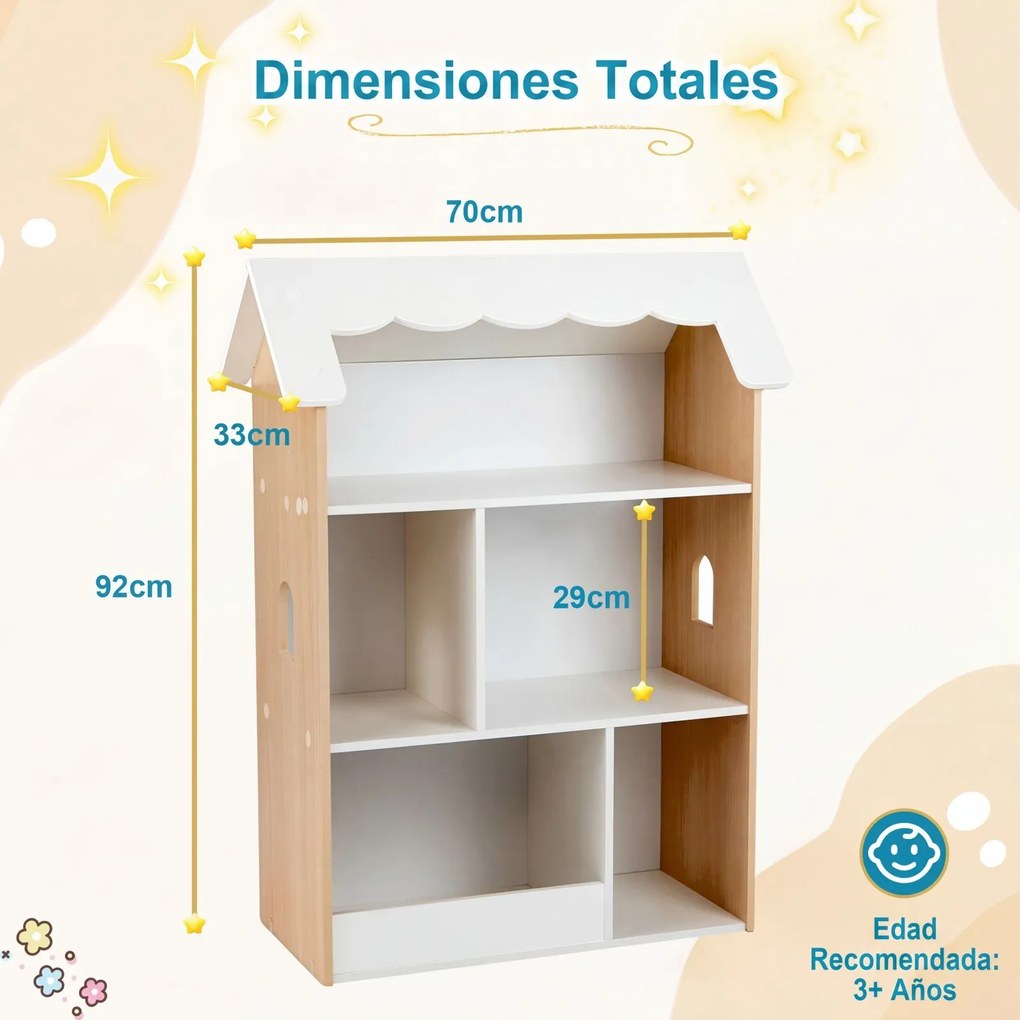 Estante infantil de 3 níveis, 70 x 33 x 92 cm em forma de casa, com prateleiras abertas, organizador de brinquedos em madeira para sala de jogos, quar