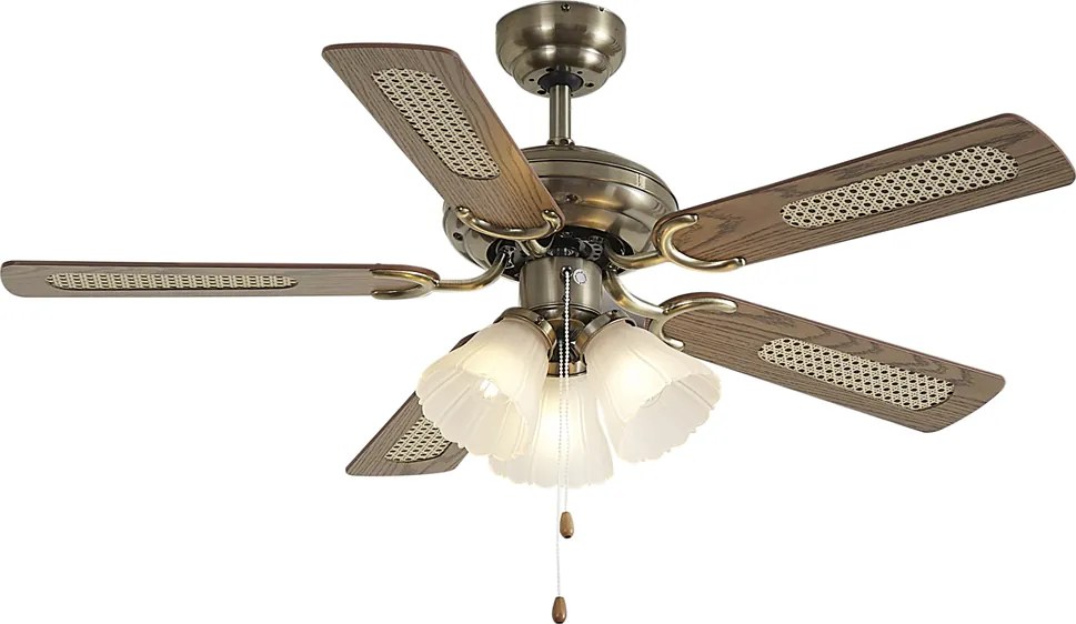 Ventoinha de Teto Latão com Padrão de Madeira e Rattan 105cm com Interruptor de Puxar - Mistral Lia
