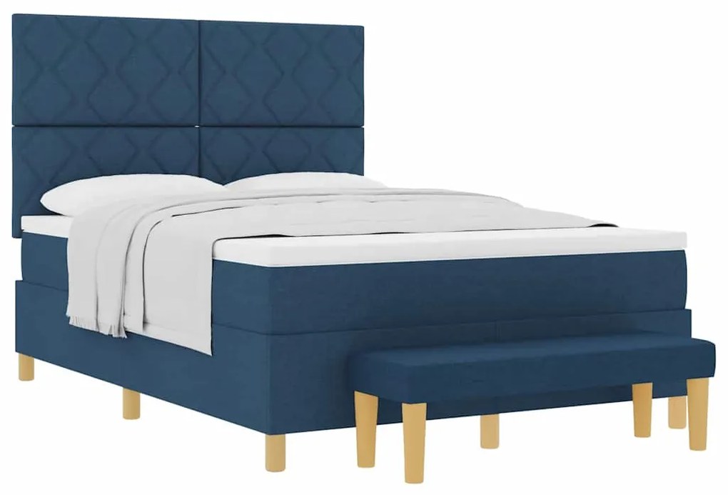 Cama Box Spring com Colchão &amp; Banco Azul 140x190 cm Tecido