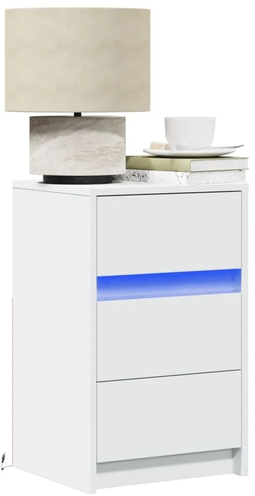 vidaXL Mesa de cabeceira com luzes LED derivados de madeira branco