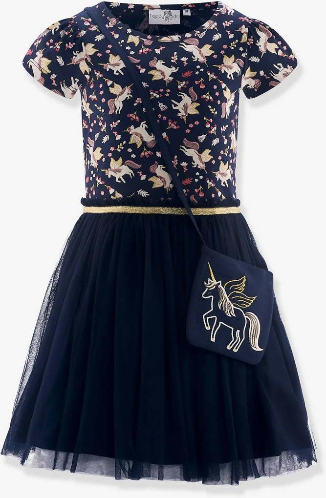 Vestido com saia de tule e bolsa de unicórnio Happy Girls para menina azul-escuro