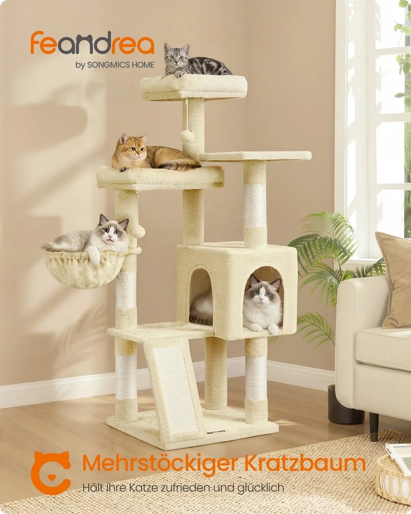 Arranhador para gatos 48 x 48 x 136 cm com 3 plataformas, cor bege