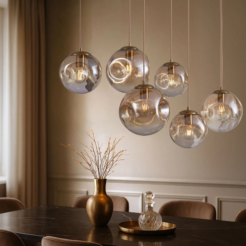 Candeeiro suspenso Art Deco latão com placa de teto oval e vidro âmbar 6 luzes - Douglass