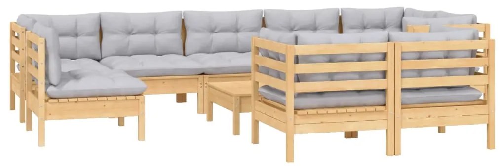 10pcs conjunto lounge de jardim + almofadões cinza pinho maciço