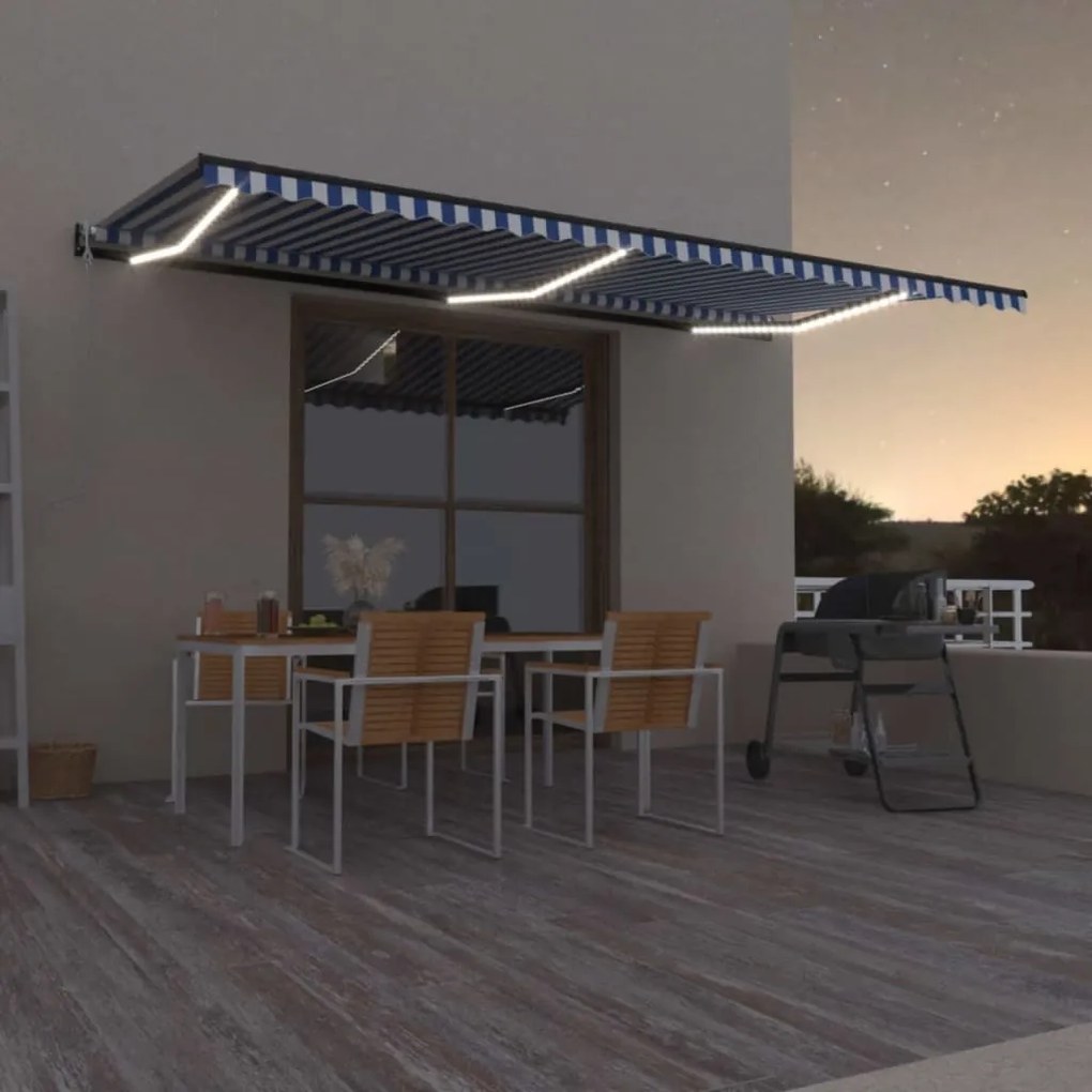 Toldo autom. c/ LED e sensor de vento 600x350 cm azul/branco