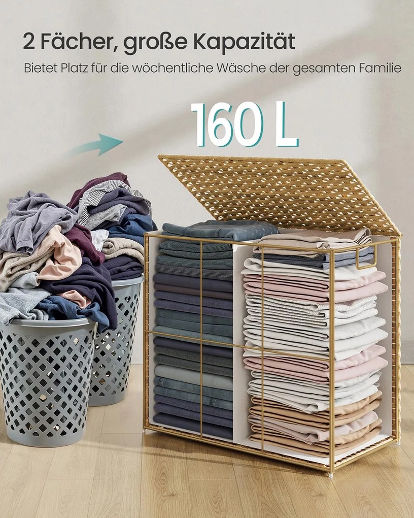 Cesto para roupa suja 66 x 40 x 61 cm em rattan sintético com 2 compartimentos, cor natural