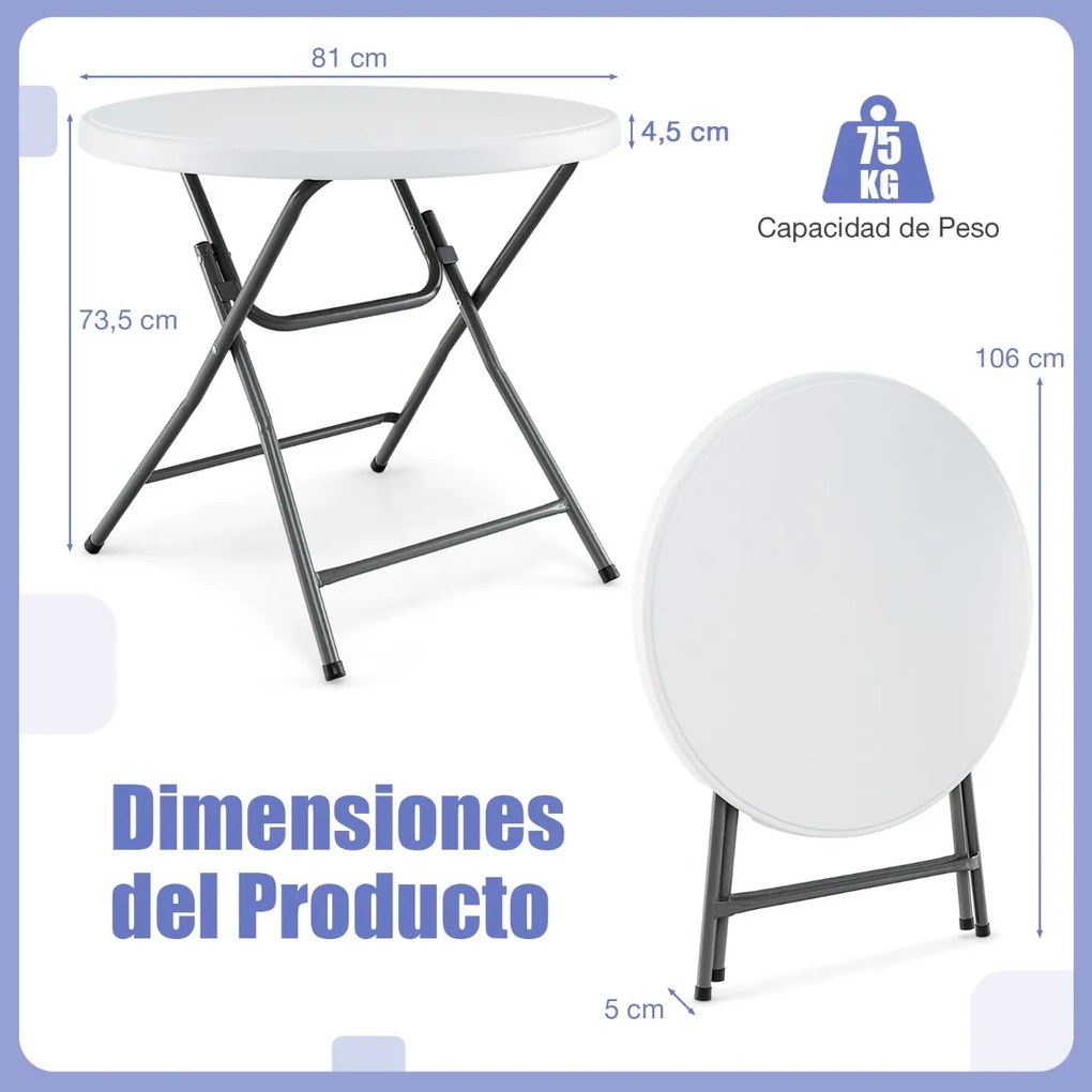 Mesa jardim redonda dobrável 81 x 81 x 73,5 cm  com tampo grosso em HDPE e estrutura metálica robusta para uso interno e externo Branca