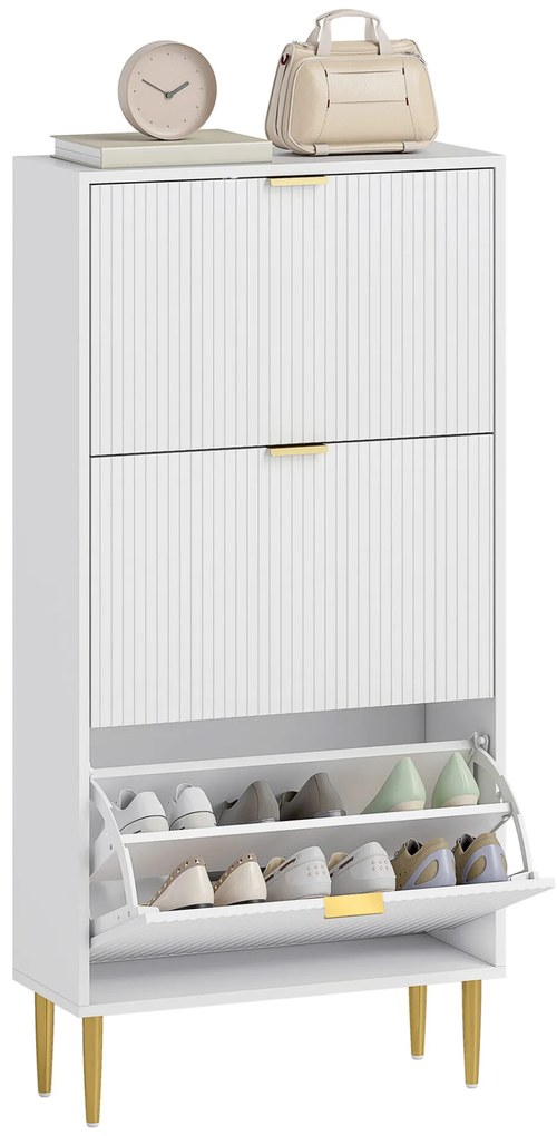 HOMCOM Sapateira Estreita com 3 Portas Canelada Sapateira para Entrada com Prateleiras Ajustáveis para 18 Pares de Sapatos 60x24x128 cm Branco