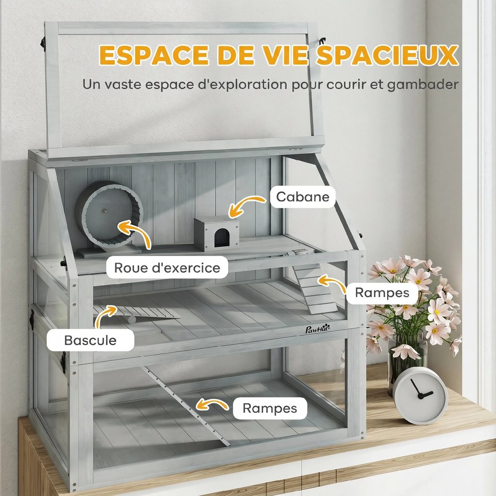 Gaiola para hamsters 80 x 50 x 76 cm e roedores com 3 níveis, base removível e funda, casinha, Baloiço, cinzento claro