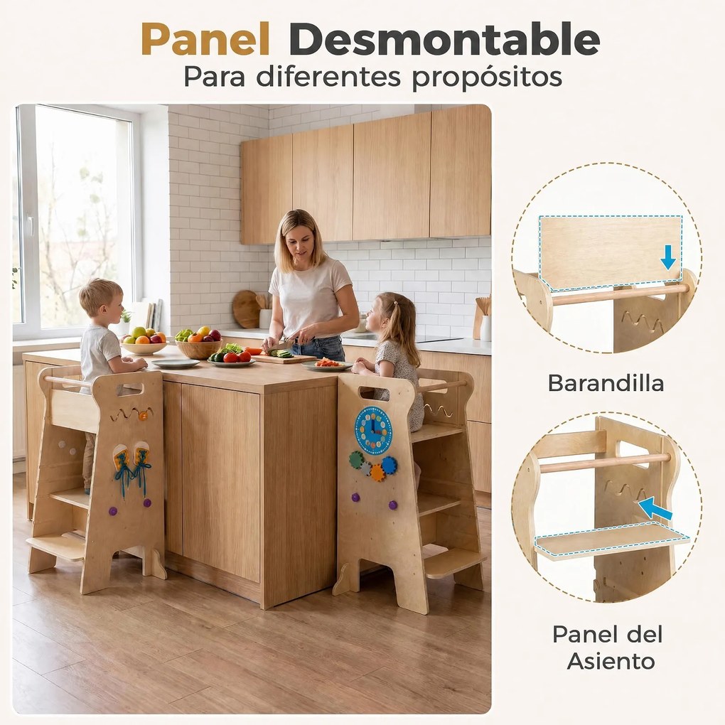 (REVISÃO) Torre de Aprendizagem Infantil Montessori 4 em 1, 57 x 52 x 90 cm, Altura Ajustável, Natural