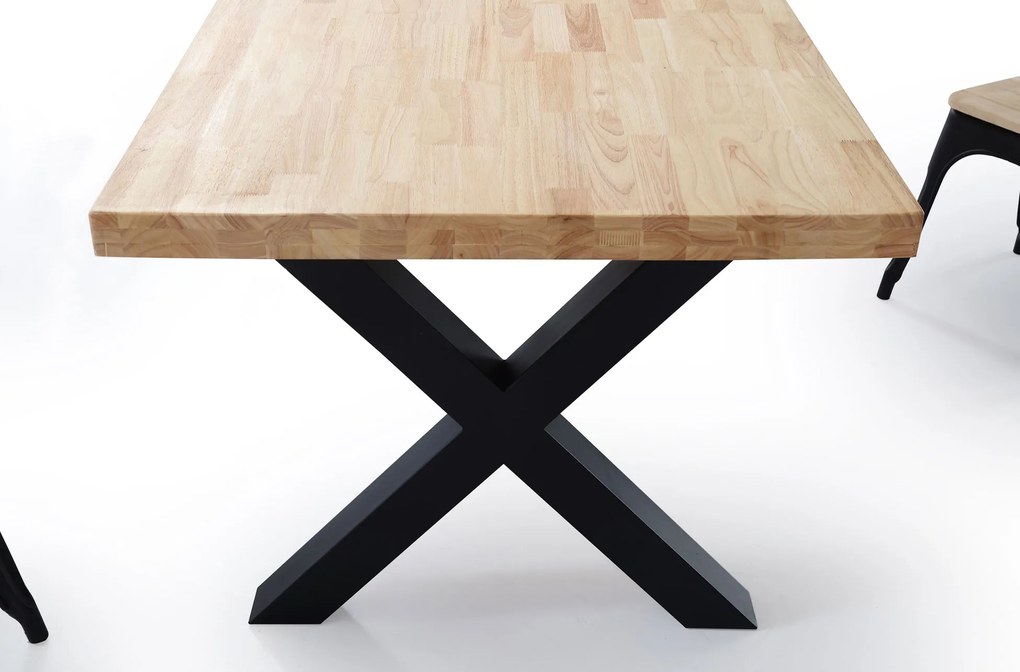 Mesa de jantar fixa, sala de estar, modelo X-LOFT, tampo em madeira maciça em carvalho bravo de 54 mm de espessura, pés metálicos, mede 160x90x76cm de