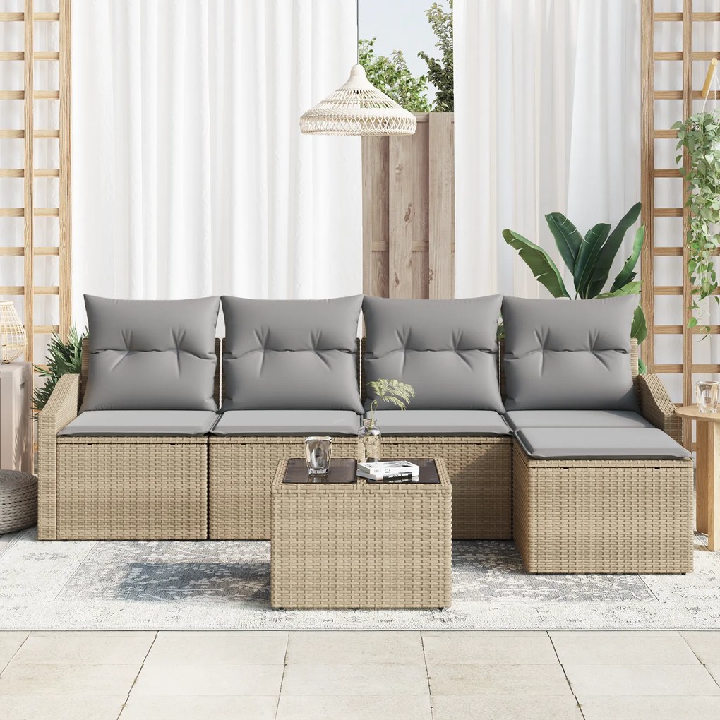 Conjunto de Jantar de Jardim de 6 Peças com Almofadas em Rattan Preto
