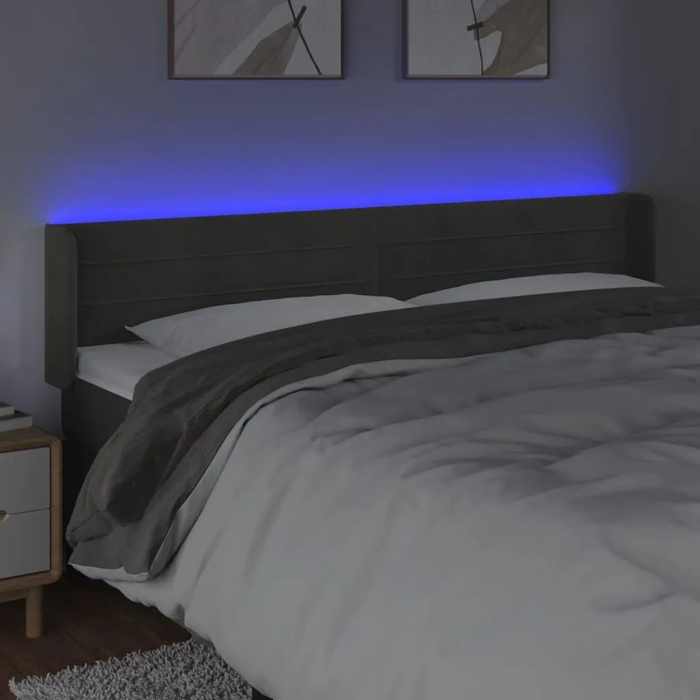 Cabeceira cama c/ luzes LED veludo 163x16x78/88cm cinza-escuro