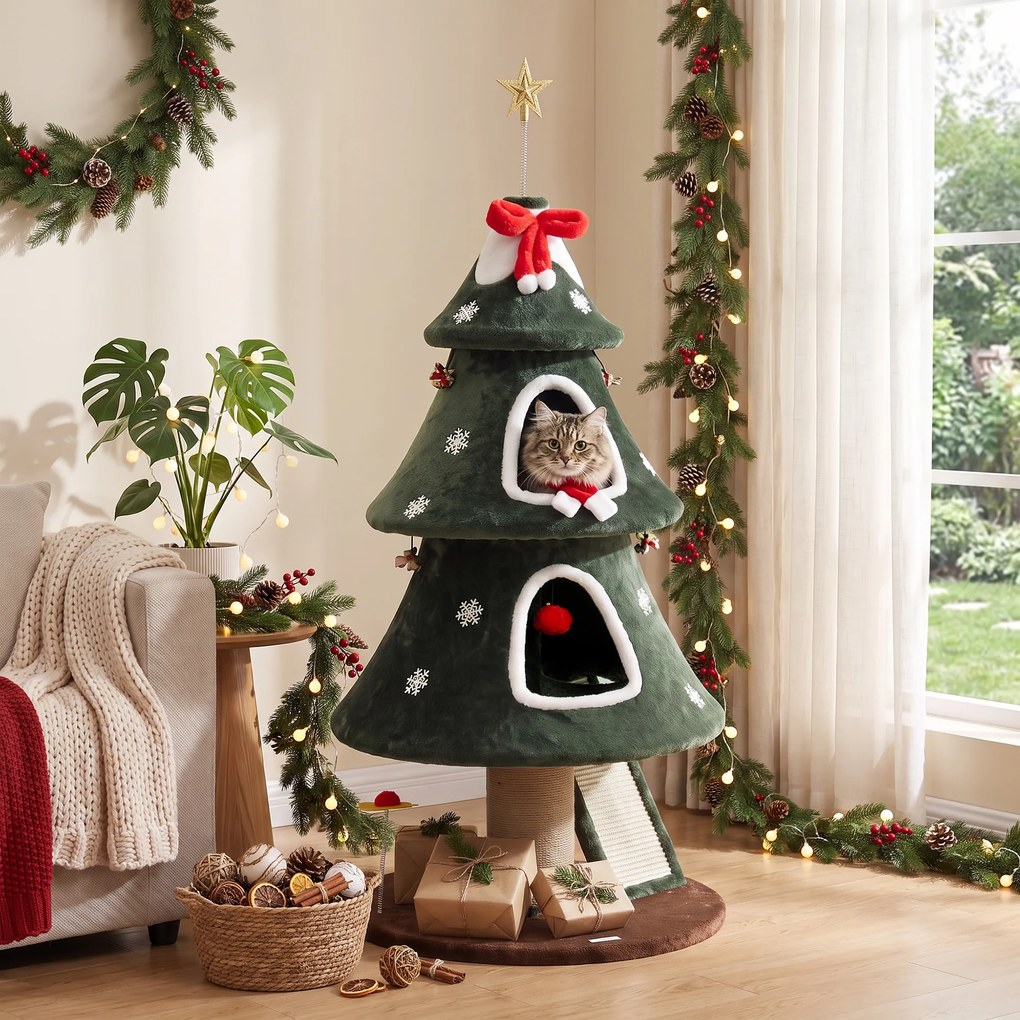 Árvore Arranhadora para Gatos 132 cm com 2 Casinhas, Design de Natal, Escada de Sisal, Verde