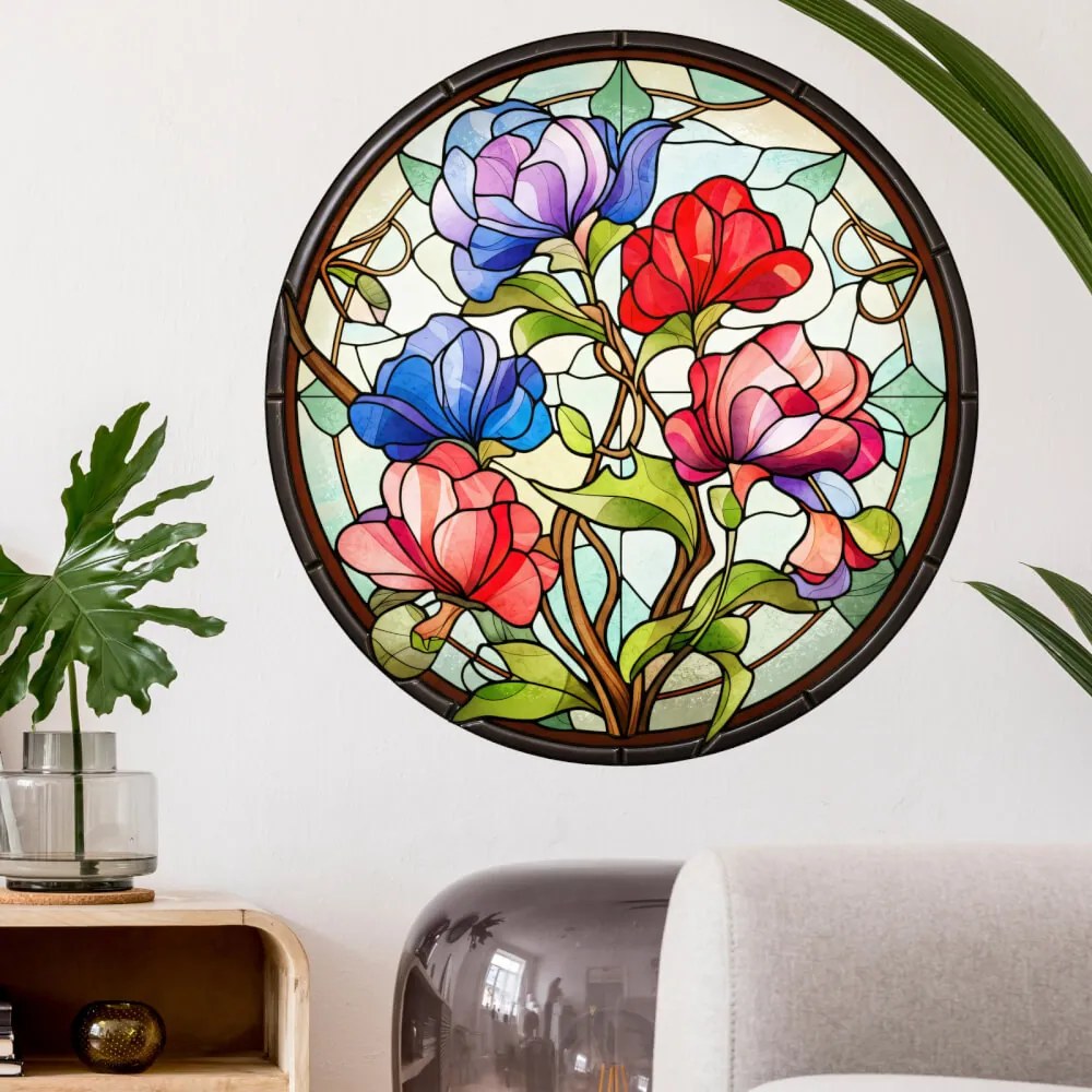 Autocolante redondo - Vitral Art Nouveau com flores românticas