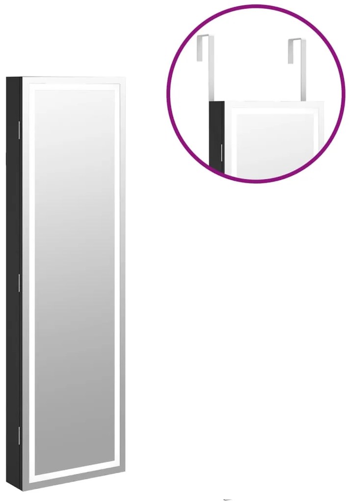 Móvel para joias de parede espelhado com luzes LED preto