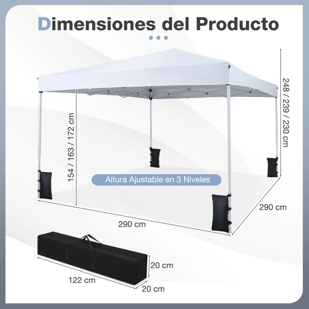 Tenda dobrável instantânea de 3x3 m com 4 pesos areia, saco de transporte, proteção solar e Estrutura de aço para jardim, festas, eventos, Branca