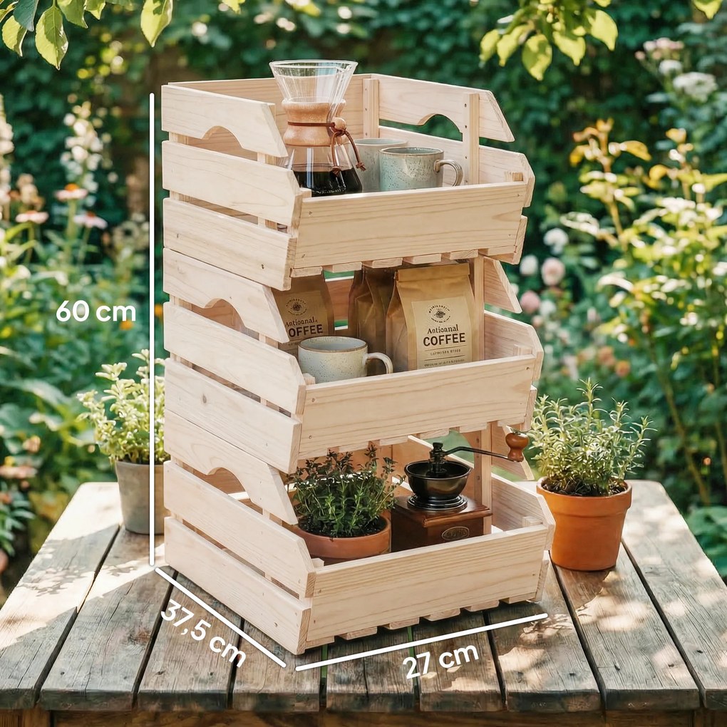 Suporte para cesto de frutas em madeira de abeto com 3 andares removíveis 27 x 37,5 x 60 cm, para frutas e legumes, natural