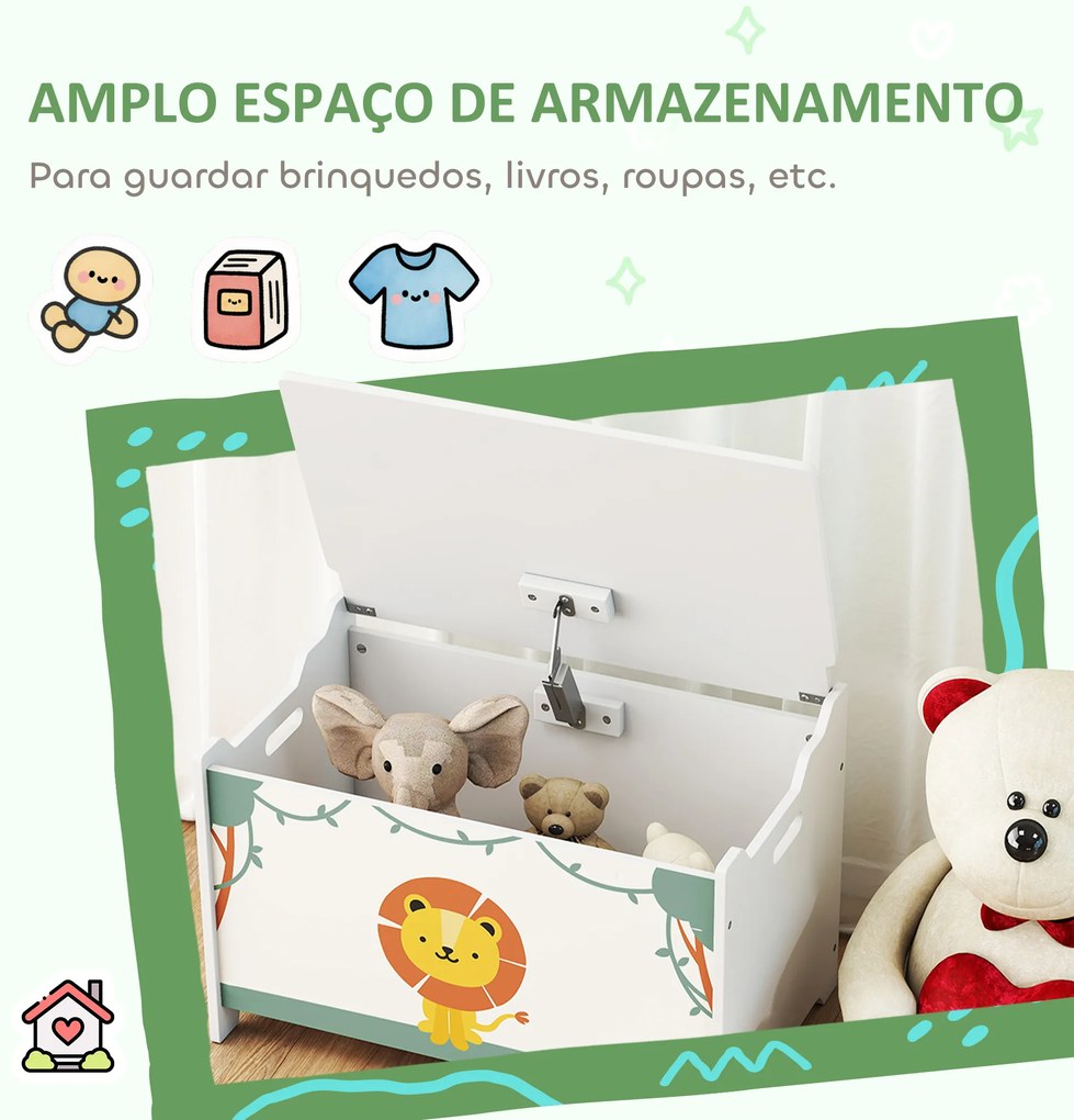 Baú Brinquedos Infantil 53 L Caixa de Arrumação Brinquedos com Tampa Rebatível e Pistão a Gás 60x37x39 cm Verde