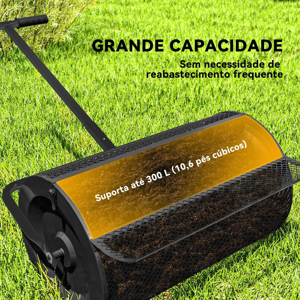 Espalhador de Composto 300L 70x40x112 cm Espalhador de Adubo para Relvado com Guiador Ajustável Cesto de Rede Metálica Preto