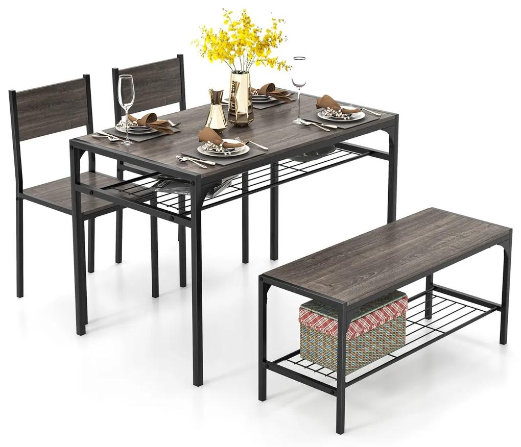 Conjunto de mesa de jantar de 4 peças e 2 cadeiras de jantar com estrutura metálica e estante moderna para sala de jantar e cozinha Cinzento