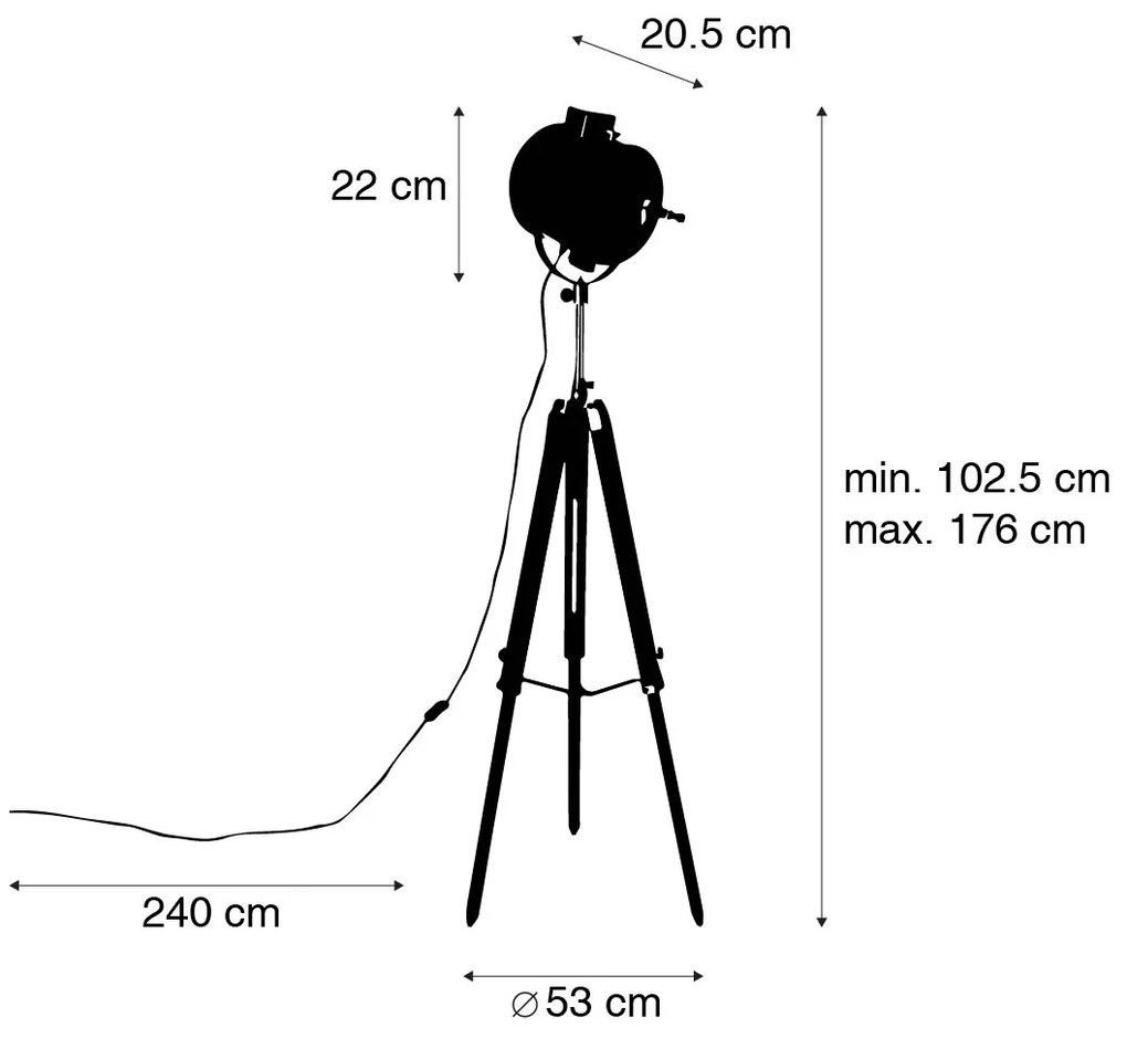 Candeeiro de chão tripé preto com foco de estúdio em madeira - Brilhante Industrial