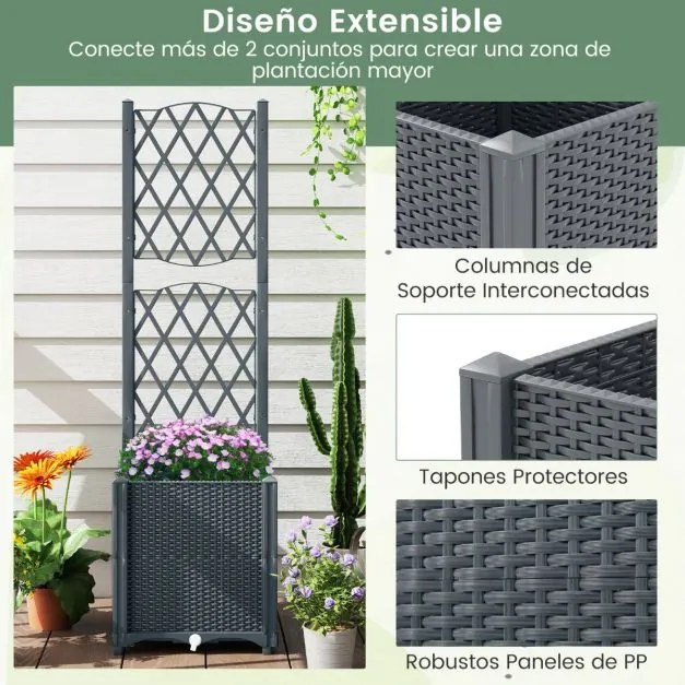 Floreira elevada com treliça com rega automática para plantas trepadeiras, flores e vegetais de raízes profundas Cinza