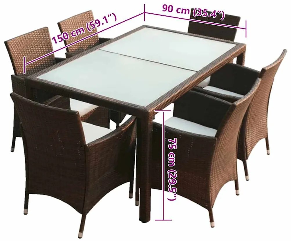 7 pcs conjunto jantar exterior com almofadões vime PE castanho