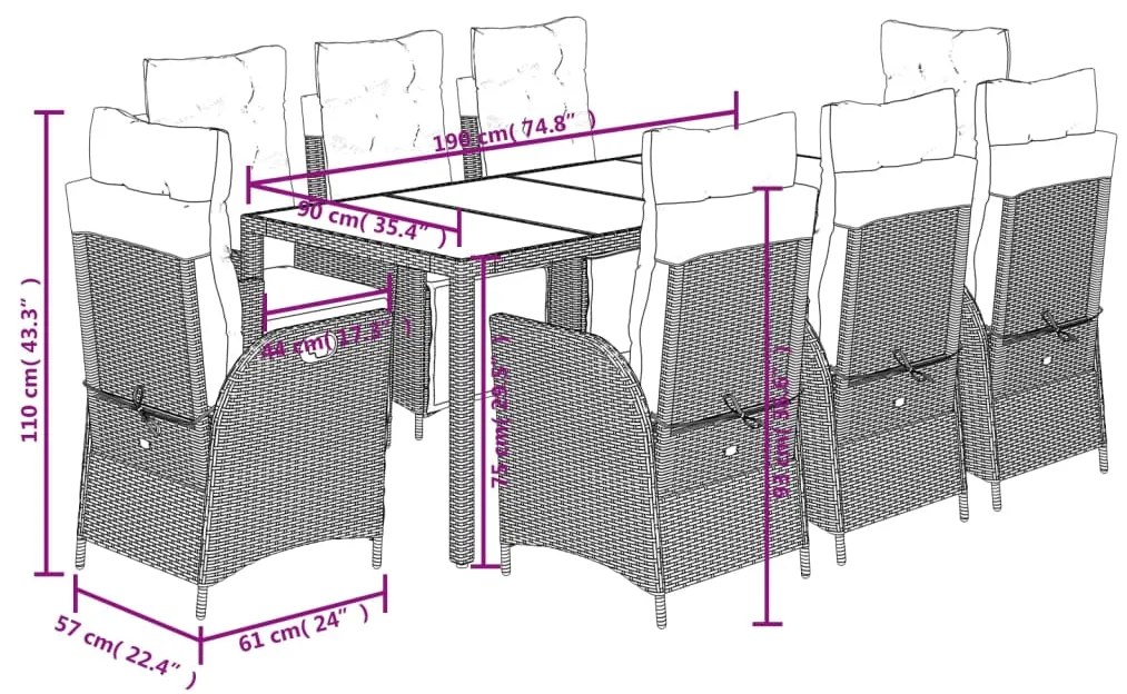 9 pcs conjunto de jantar p/ jardim c/ almofadões vime PE cinza