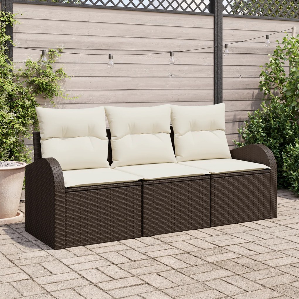 Conjunto de Sofá de Jardim vidaXL de 3 peças com Almofadas Castanho Poliéster Rattan
