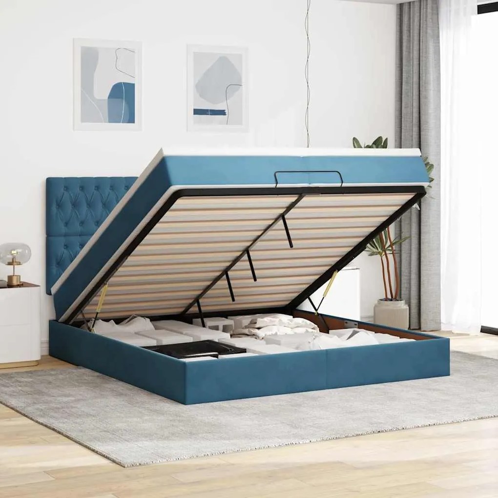vidaXL Cama otomana com colchões/LEDs 200x200 cm veludo azul-escuro