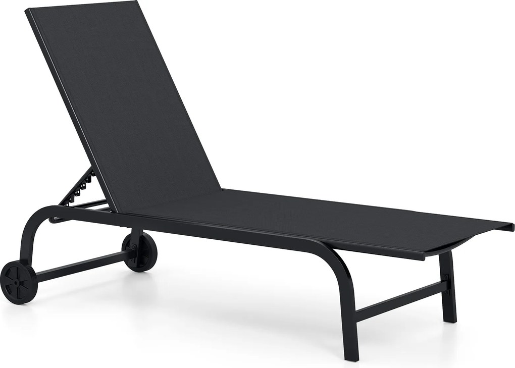 Espreguiçadeira de Jardim com Rodas, 190-164 x 69 x 36-101 cm, Encosto Ajustável em 6 Posições, Preto