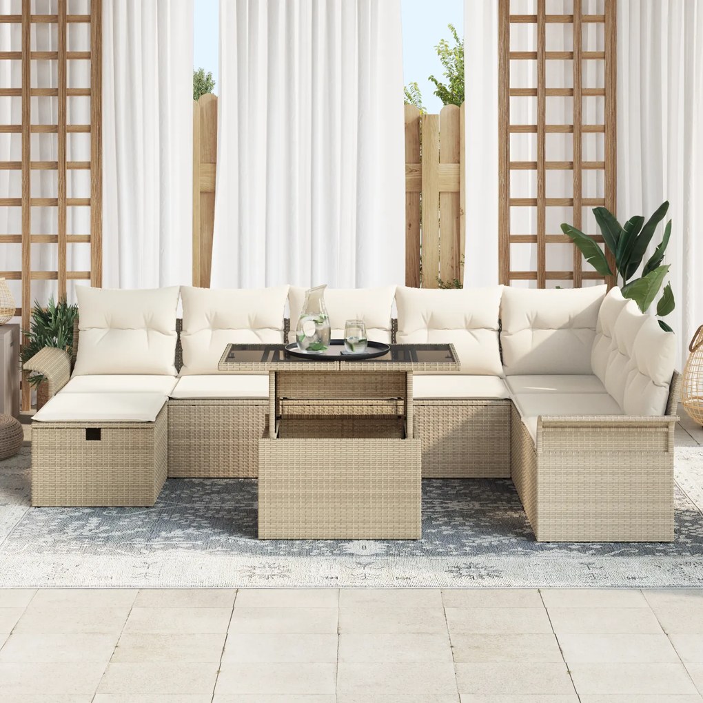 Conjunto de Sofá de Jardim de 9 Peças com Almofadas Bege Polirattan