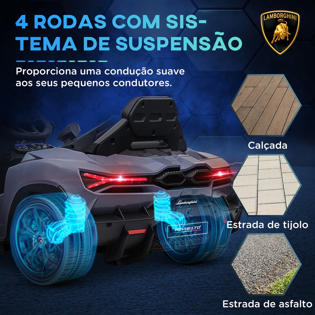 Carro Elétrico para Crianças Carro Lamborghini Revuelto com Bateria 12V Faróis LED e Música 105x60x40 cm Cinza