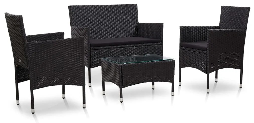 45813 vidaXL 4 pcs conjunto lounge de jardim c/ almofadões vime PE preto