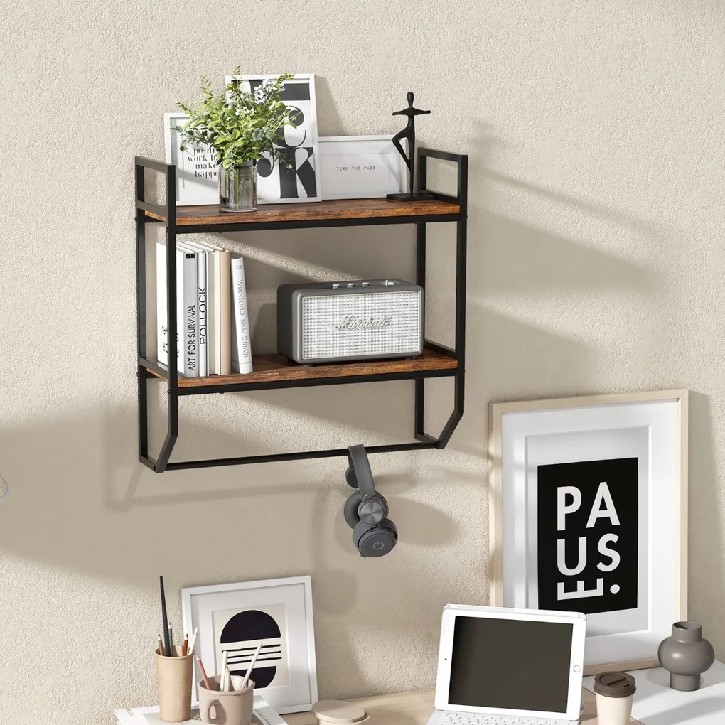 Prateleira flutuante de 2 níveis com toalheiro com estrutura metálica para parede de sala, cozinha e casa de banho 59 x 20 x 58 cm Castanho