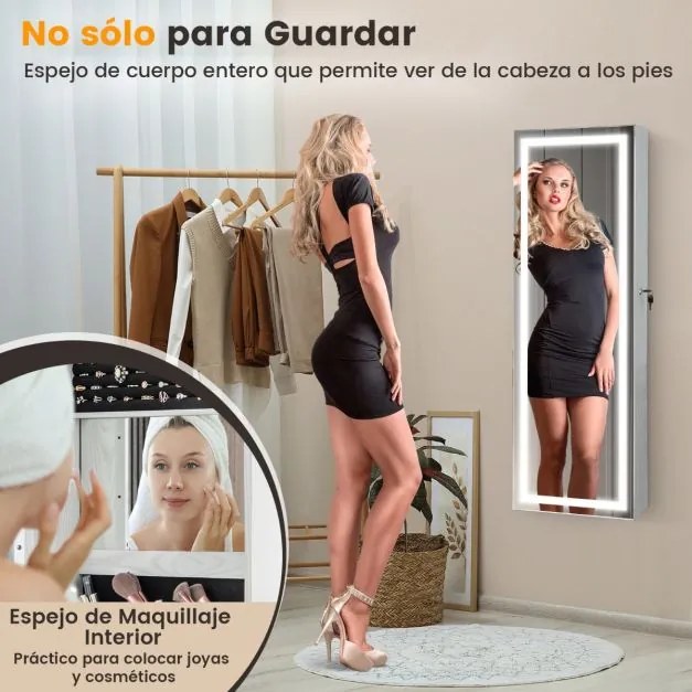 Armário para jóias com espelho LED 120 cm Luzes LED para espelhos 3 cores Espelho para maquilhagem e fecho magnético da porta Branco