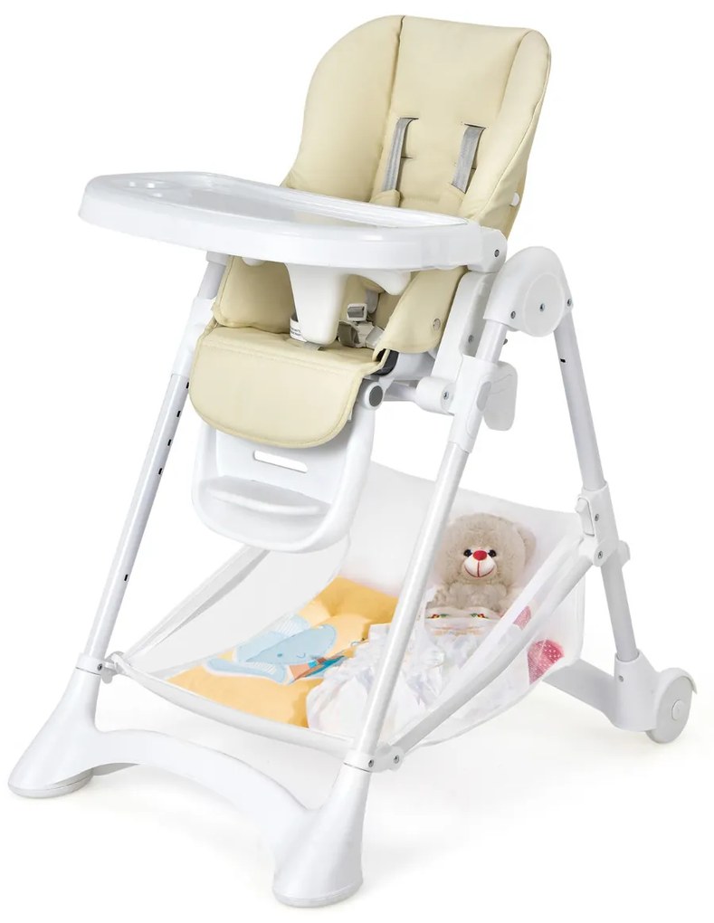 Cadeira Refeição Bebé Alta Cadeira de Jantar Dobrável com Rodas Altura da Almofada em PU Dupla Removível 89 x 57 x 105 cm Bege