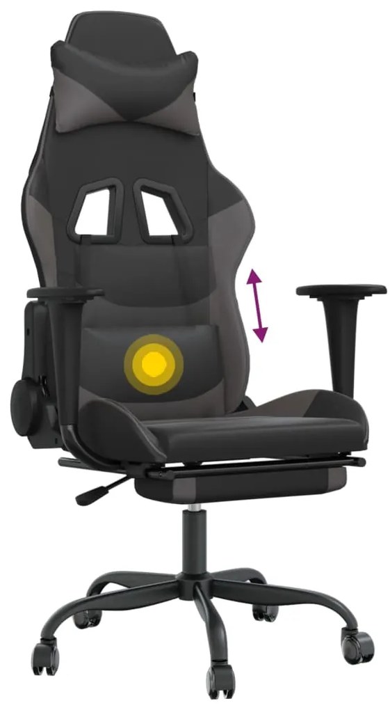 Cadeira gaming massagens c/ apoio pés couro artif. preto/cinza