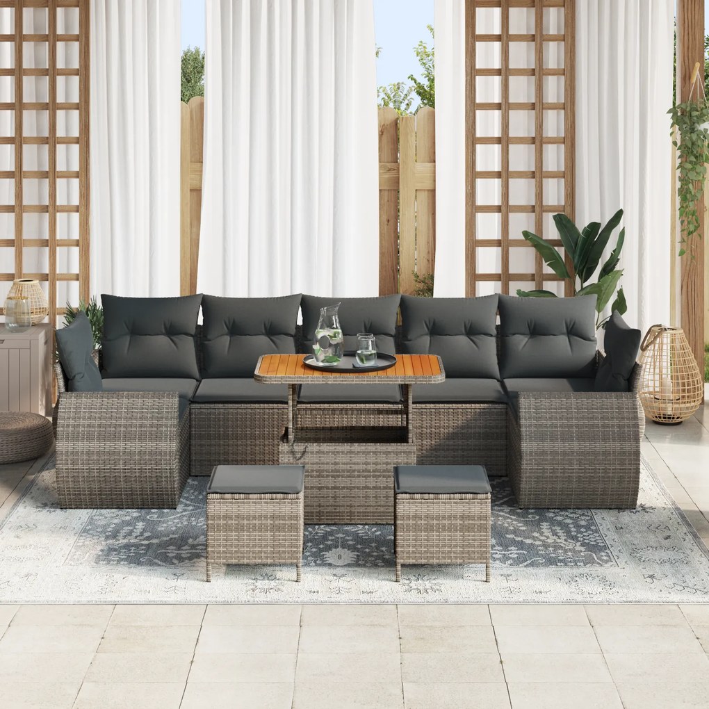 Conjunto de Sofás de Jardim de 10 Peças com Almofadas Cinzento Rattan