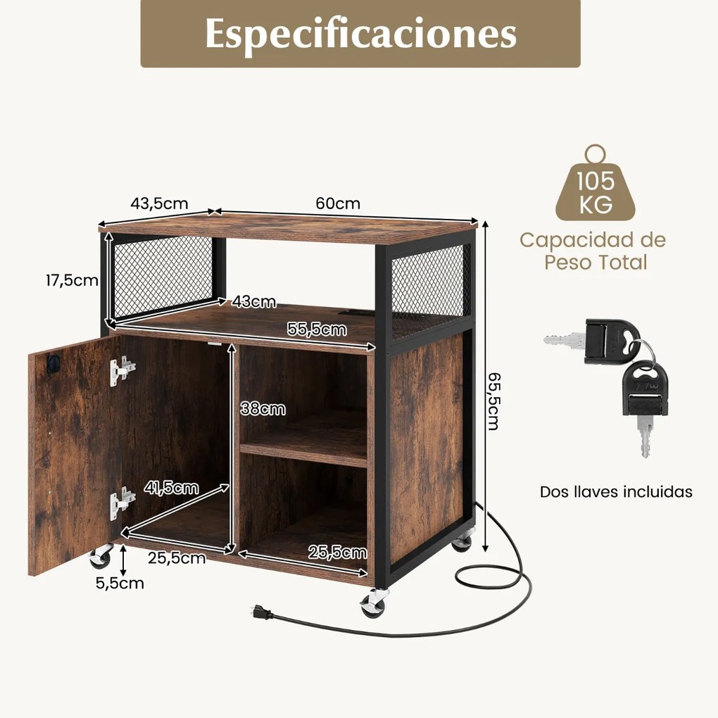 Armário de arquivo com rodas com estação de carregamento e orifício para gestão de cabos Suporte para impressora com fechadura e estantes Castanho