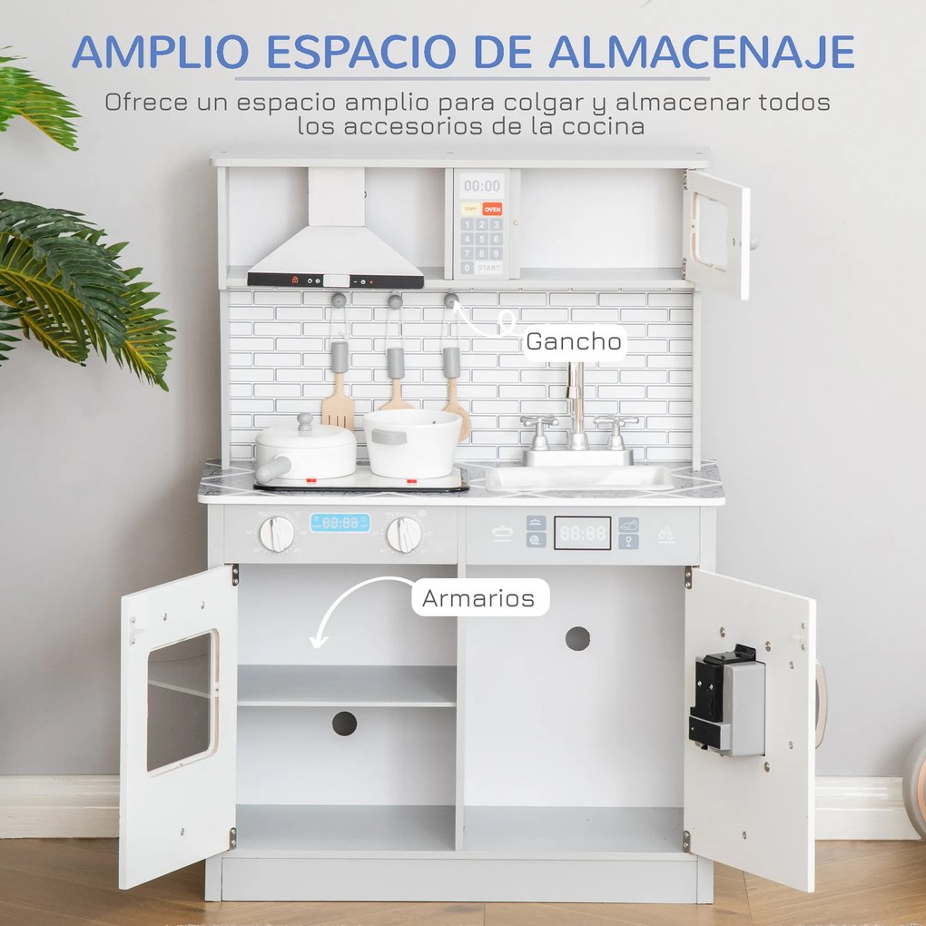 HOMCOM Cozinha Infantil de Madeira para Crianças acima de 3 Anos Cozinha de Madeira Infantil com Luz Sons Acessórios Utensílios Exaustor Lavatório e Microondas 60x29x84cm Cinza