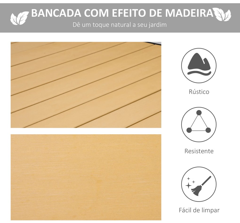 Mesa de Jardim Retangular Mesa de Exterior para 8 Pessoas com Bancada de Ripas e Estrutura de Alumínio para Terraço Balcão 190x90x74cm Natural e Preto