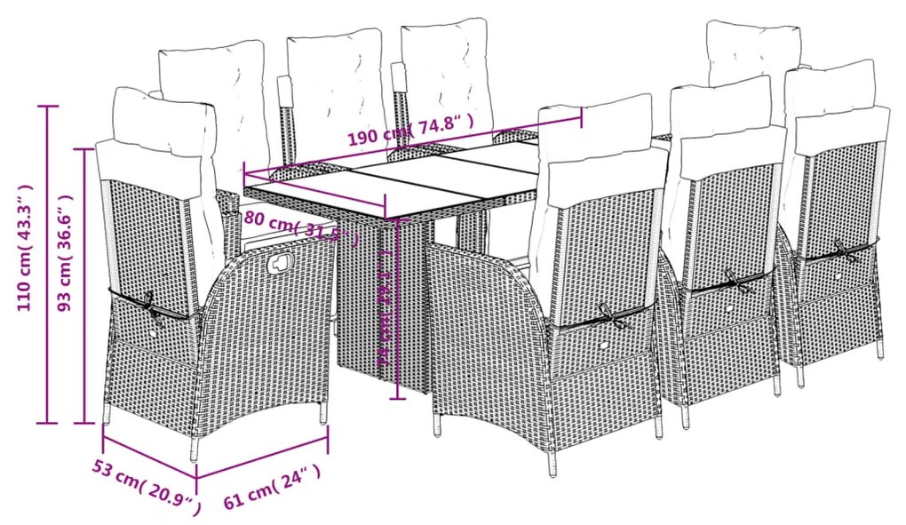 9 pcs conjunto de jantar p/ jardim com almofadões vime PE bege